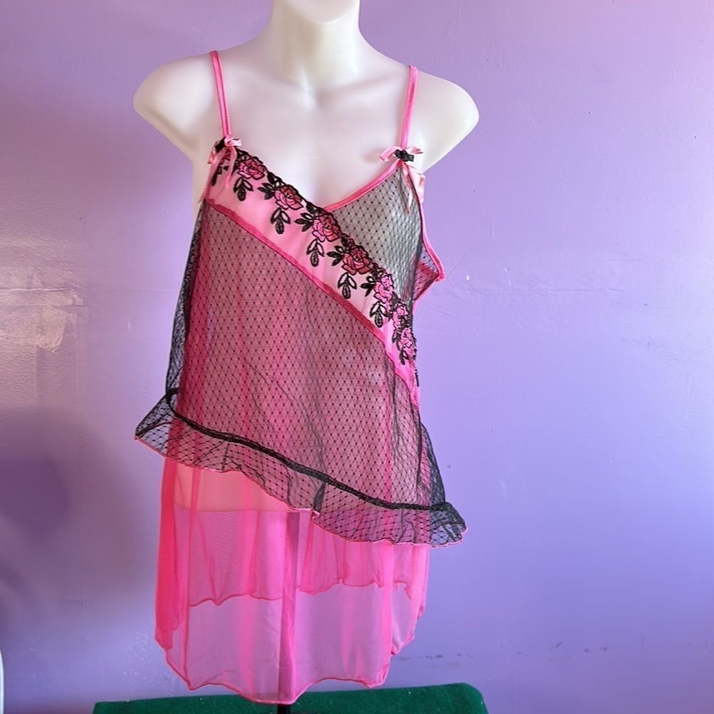 Women's Babydoll Lingerie Nighty Pink/Black Size L/XL Sheer Lace Sleepwear